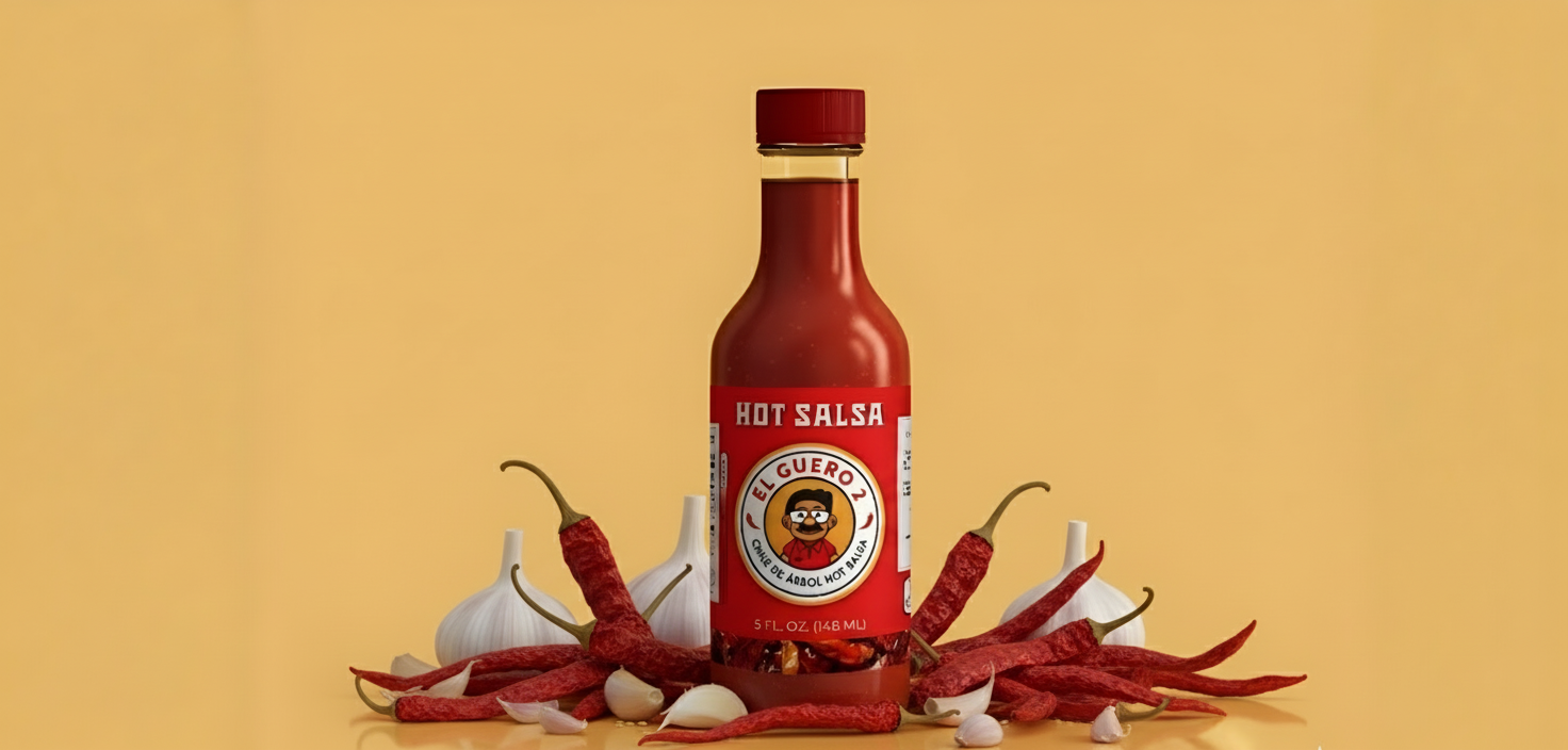 Hot sauce bottle with chiles de arbol and garlic on a yellow backgroun